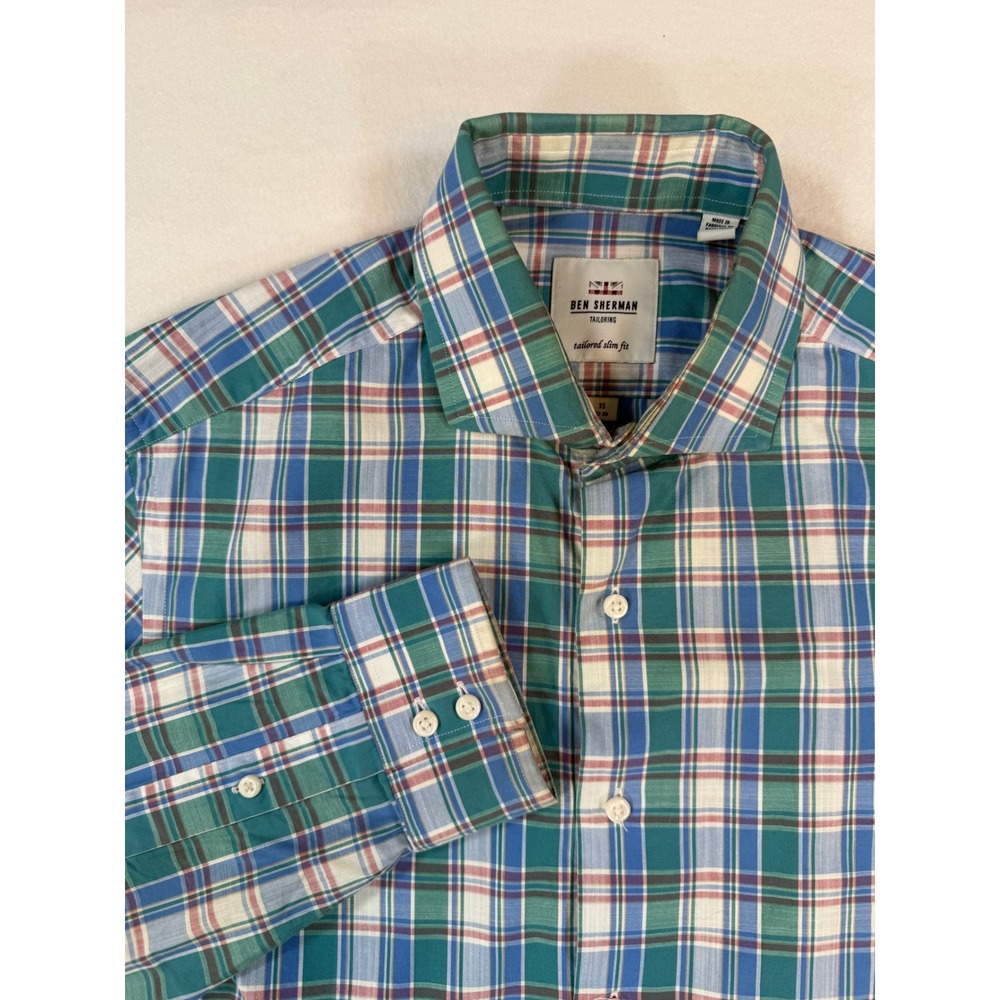 Ben Sherman 15 32-33 Slim Fit Plaid Button Down Cotton Tailored Shirt